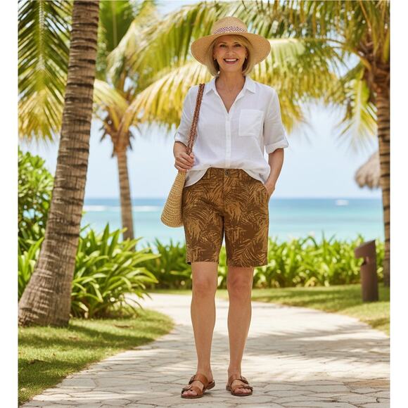 Garnet Hill Shorts Womens 10 Tropical Summer Casual Pima Cotton Palm Print - Picture 1 of 8
